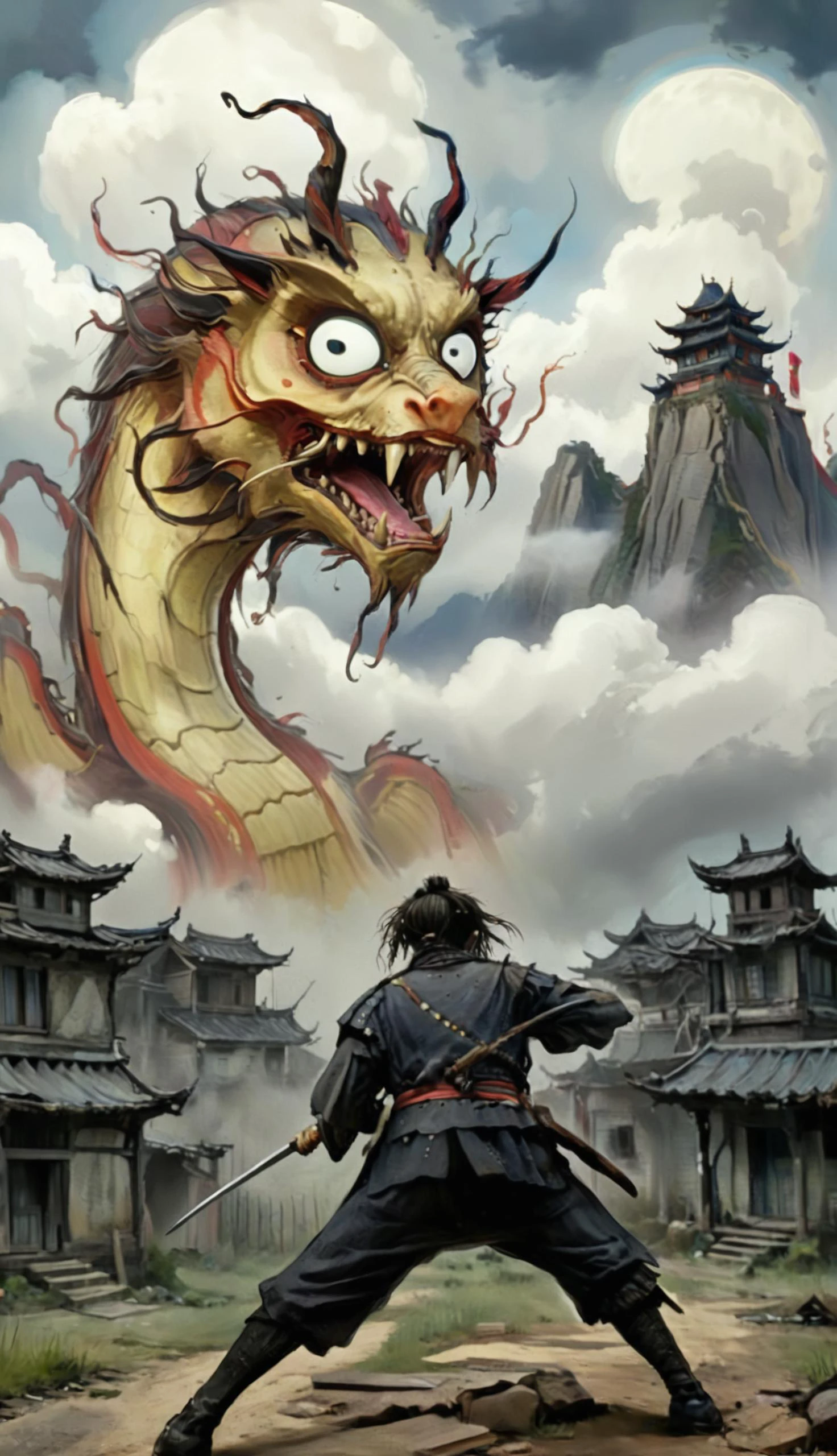 highly detailed painting, Tim Burton Style, ling1, <lora:Tim_Burton_Painting_Style_SDXL:1.2>, <lora:ling1_2:0.6>, ADDBASE,
a Chinese dragon is attacking from clouds, long wavy dragon, round eyes, detailed face, mountains, ADDROW,
a samurai is attacking, katana above head, high swing, view from behind, village ruins