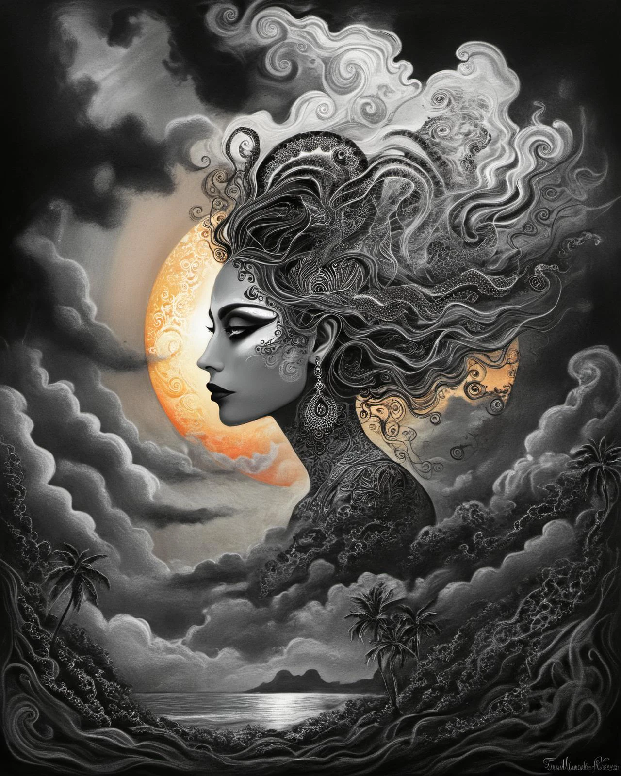 alluring woman, tropical resort, epic sunset, dramatic clouds, (fractal details)
<lora:Victoria_Frances_v2_XL:0.8> traditional media, traditional painting, monochrome, drawing <lora:Tim_Burton_Painting_Style_SDXL:0.7> Tim Burton Style <lora:drdjns:0.8> psychedelic art, drdjns style