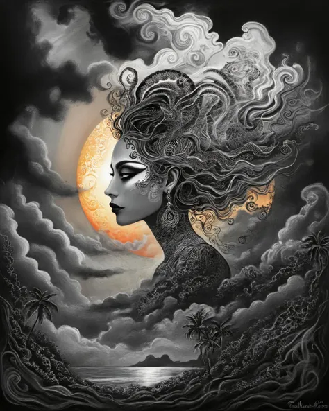 alluring woman, tropical resort, epic sunset, dramatic clouds, (fractal details)
 <lora:Victoria_Frances_v2_XL:0.8> traditional media, traditional painting, monochrome, drawing <lora:Tim_Burton_Painting_Style_SDXL:0.7> Tim Burton Style <lora:drdjns:0.8> psychedelic art, drdjns style