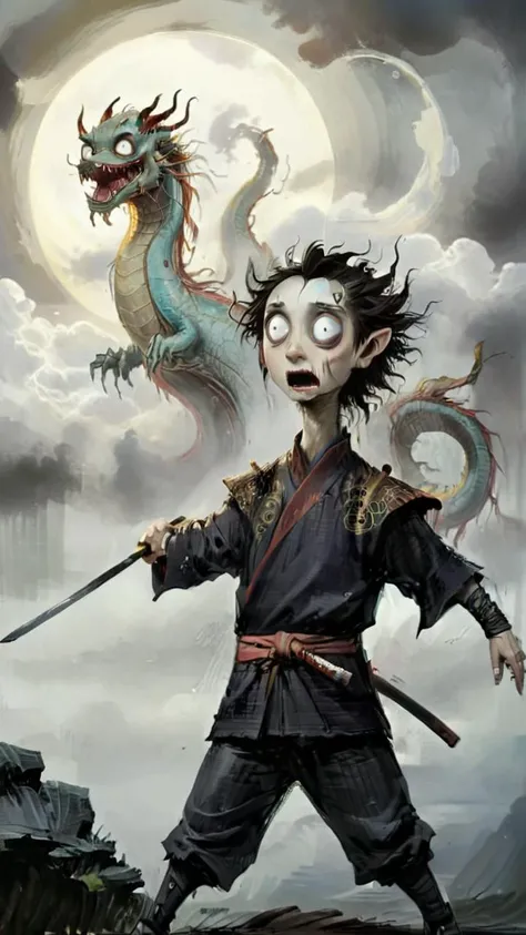 highly detailed painting, Tim Burton Style, ling1, <lora:Tim_Burton_Painting_Style_SDXL:1.2>, <lora:ling1_2:0.6>, ADDBASE,
a Chinese dragon is attacking from clouds, long wavy dragon, round eyes, detailed face, ADDROW,
a samurai is making a high swing, view from behind