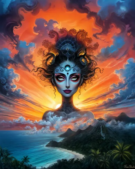 alluring woman, tropical resort, epic sunset, dramatic clouds, (fractal details)
 <lora:Victoria_Frances_v2_XL:0.8> traditional media, traditional painting, drawing <lora:Tim_Burton_Painting_Style_SDXL:0.7> Tim Burton Style <lora:drdjns:0.8> psychedelic art, drdjns style