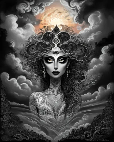 alluring woman, tropical resort, epic sunset, dramatic clouds, (fractal details)
 <lora:Victoria_Frances_v2_XL:0.8> traditional media, traditional painting, monochrome, drawing <lora:Tim_Burton_Painting_Style_SDXL:0.7> Tim Burton Style <lora:drdjns:0.8> psychedelic art, drdjns style