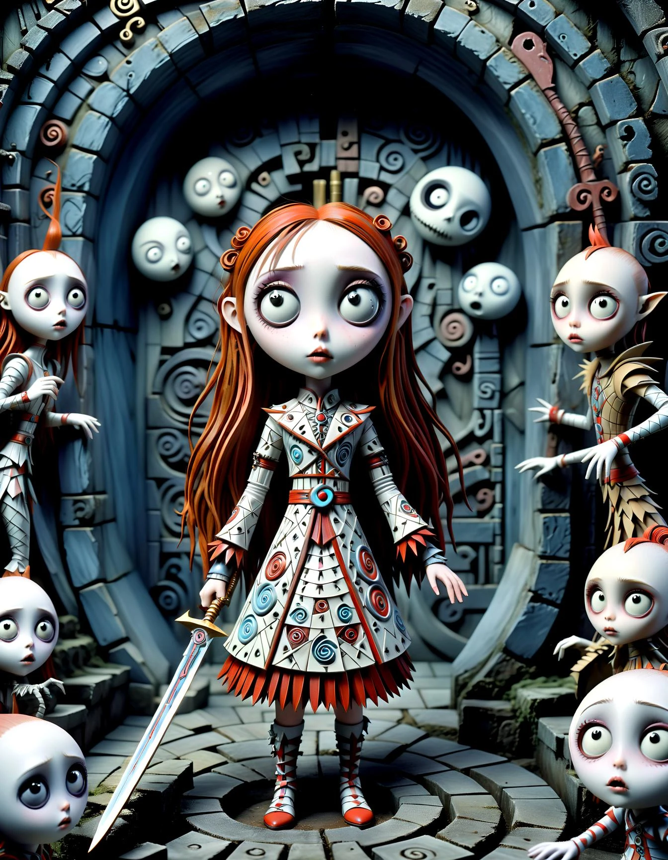 Asuna, the heroine of the anime realm, steps into a Tim Burton-inspired labyrinth. Each twist and turn reveals new wonders â peculiar creatures with anime eyes and Burtonesque charm, all wearing outfits adorned with mesmerizing geometry patterns. Asuna's sword, etched with intricate geometric designs, guides her through the maze. The labyrinth, a blend of anime aesthetics and Burtonesque surrealism, becomes a canvas for adventure where every corner hides a peculiar surprise.,(hand drawn with pencil:1.15), (tim burton style:1.27), ,