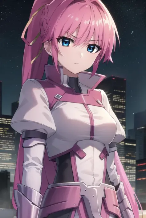 signum, <lora:signum movie2-lora-nochekaiser:1>,
signum, long hair, blue eyes, hair ribbon, ponytail, pink hair,
BREAK gloves, jacket, weapon, open clothes, sword, open jacket, magical girl, gauntlets, cropped jacket, waist cape, puffy sleeves,
BREAK outdoors, city, sky, night, starry sky, star \(sky\), moon,
BREAK looking at viewer, (cowboy shot:1.5),
BREAK <lyco:GoodHands-beta2:1>, (masterpiece:1.2), best quality, high resolution, unity 8k wallpaper, (illustration:0.8), (beautiful detailed eyes:1.6), extremely detailed face, perfect lighting, extremely detailed CG, (perfect hands, perfect anatomy),