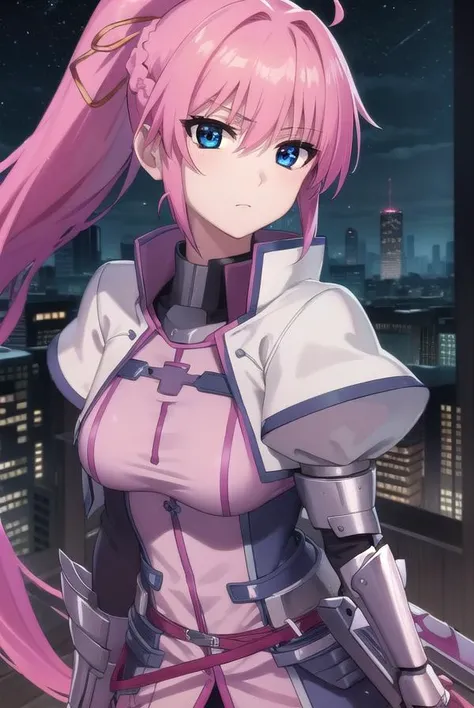 signum, <lora:signum movie2-lora-nochekaiser:1>,
signum, long hair, blue eyes, hair ribbon, ponytail, pink hair,
BREAK gloves, jacket, weapon, open clothes, sword, open jacket, magical girl, gauntlets, cropped jacket, waist cape, puffy sleeves,
BREAK outdoors, city, sky, night, starry sky, star \(sky\), moon,
BREAK looking at viewer, (cowboy shot:1.5),
BREAK <lyco:GoodHands-beta2:1>, (masterpiece:1.2), best quality, high resolution, unity 8k wallpaper, (illustration:0.8), (beautiful detailed eyes:1.6), extremely detailed face, perfect lighting, extremely detailed CG, (perfect hands, perfect anatomy),