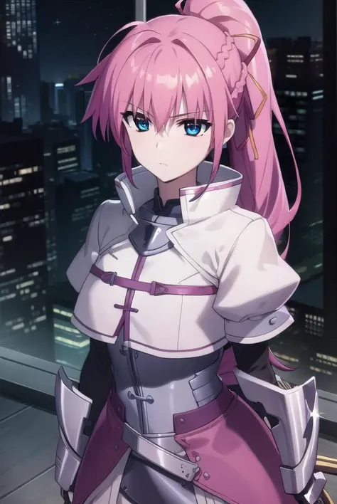 signum, <lora:signum movie2-lora-nochekaiser:1>,
signum, long hair, blue eyes, hair ribbon, ponytail, pink hair,
BREAK gloves, jacket, weapon, open clothes, sword, open jacket, magical girl, gauntlets, cropped jacket, waist cape, puffy sleeves,
BREAK outdoors, city, sky, night, starry sky, star \(sky\), moon,
BREAK looking at viewer, (cowboy shot:1.5),
BREAK <lyco:GoodHands-beta2:1>, (masterpiece:1.2), best quality, high resolution, unity 8k wallpaper, (illustration:0.8), (beautiful detailed eyes:1.6), extremely detailed face, perfect lighting, extremely detailed CG, (perfect hands, perfect anatomy),