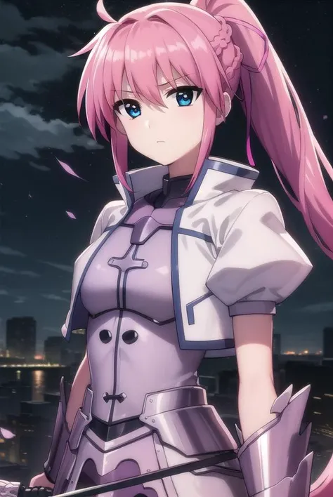 signum, <lora:signum movie2-lora-nochekaiser:1>,
signum, long hair, blue eyes, hair ribbon, ponytail, pink hair,
BREAK gloves, jacket, weapon, open clothes, sword, open jacket, magical girl, gauntlets, cropped jacket, waist cape, puffy sleeves,
BREAK outdoors, city, sky, night, starry sky, star \(sky\), moon,
BREAK looking at viewer, (cowboy shot:1.5),
BREAK <lyco:GoodHands-beta2:1>, (masterpiece:1.2), best quality, high resolution, unity 8k wallpaper, (illustration:0.8), (beautiful detailed eyes:1.6), extremely detailed face, perfect lighting, extremely detailed CG, (perfect hands, perfect anatomy),