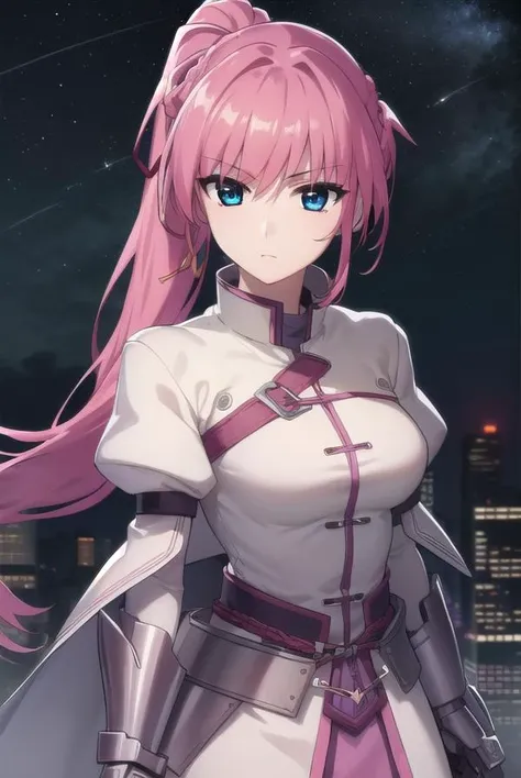 signum, <lora:signum movie2-lora-nochekaiser:1>,
signum, long hair, blue eyes, hair ribbon, ponytail, pink hair,
BREAK gloves, jacket, weapon, open clothes, sword, open jacket, magical girl, gauntlets, cropped jacket, waist cape, puffy sleeves,
BREAK outdoors, city, sky, night, starry sky, star \(sky\), moon,
BREAK looking at viewer, (cowboy shot:1.5),
BREAK <lyco:GoodHands-beta2:1>, (masterpiece:1.2), best quality, high resolution, unity 8k wallpaper, (illustration:0.8), (beautiful detailed eyes:1.6), extremely detailed face, perfect lighting, extremely detailed CG, (perfect hands, perfect anatomy),
