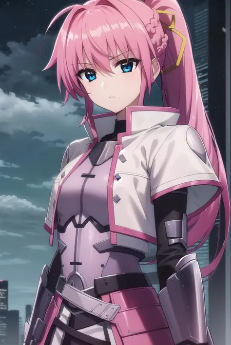 signum, <lora:signum movie2-lora-nochekaiser:1>,
signum, long hair, blue eyes, hair ribbon, ponytail, pink hair,
BREAK gloves, jacket, weapon, open clothes, sword, open jacket, magical girl, gauntlets, cropped jacket, waist cape, puffy sleeves,
BREAK outdoors, city, sky, night, starry sky, star \(sky\), moon,
BREAK looking at viewer, (cowboy shot:1.5),
BREAK <lyco:GoodHands-beta2:1>, (masterpiece:1.2), best quality, high resolution, unity 8k wallpaper, (illustration:0.8), (beautiful detailed eyes:1.6), extremely detailed face, perfect lighting, extremely detailed CG, (perfect hands, perfect anatomy),