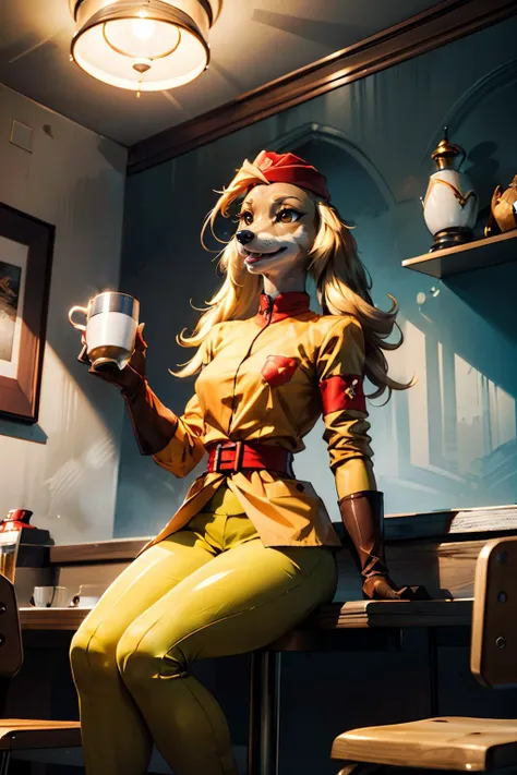 sgtofera, furry anthro, dog girl, red hat, yellow jacket, armband, red belt, yellow pants, brown gloves,looking at viewer, smiling, happy, mouth open,
sitting, interior of a cafe, drinking coffee mug, beautiful quality, hdr, extreme detail, masterpiece,
<lora:sgtofera-v1:1><lora:more_details:.5>