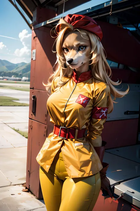 sgtofera, furry anthro, dog girl, red hat, yellow jacket, armband, red belt, yellow pants, brown gloves, solo, looking at viewer, serious, half-lidded eyes, arm behind back,
outside, airport hangar,extreme detail, beautiful quality, masterpiece, <lora:sgtofera-v1:.8><lora:more_details:.5>
