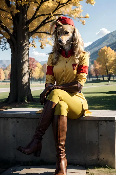 sgtofera, furry anthro, dog girl, red hat, yellow jacket, armband, red belt, yellow pants, brown gloves, boots, solo, looking at viewer, smiling, half-lidded eyes,
outside, park, season change, summer to fall, sunny, sitting, on bench, legs crossed, beautiful quality, hdr, extreme detail,
<lora:sgtofera-v1:1><lora:more_details:.5>