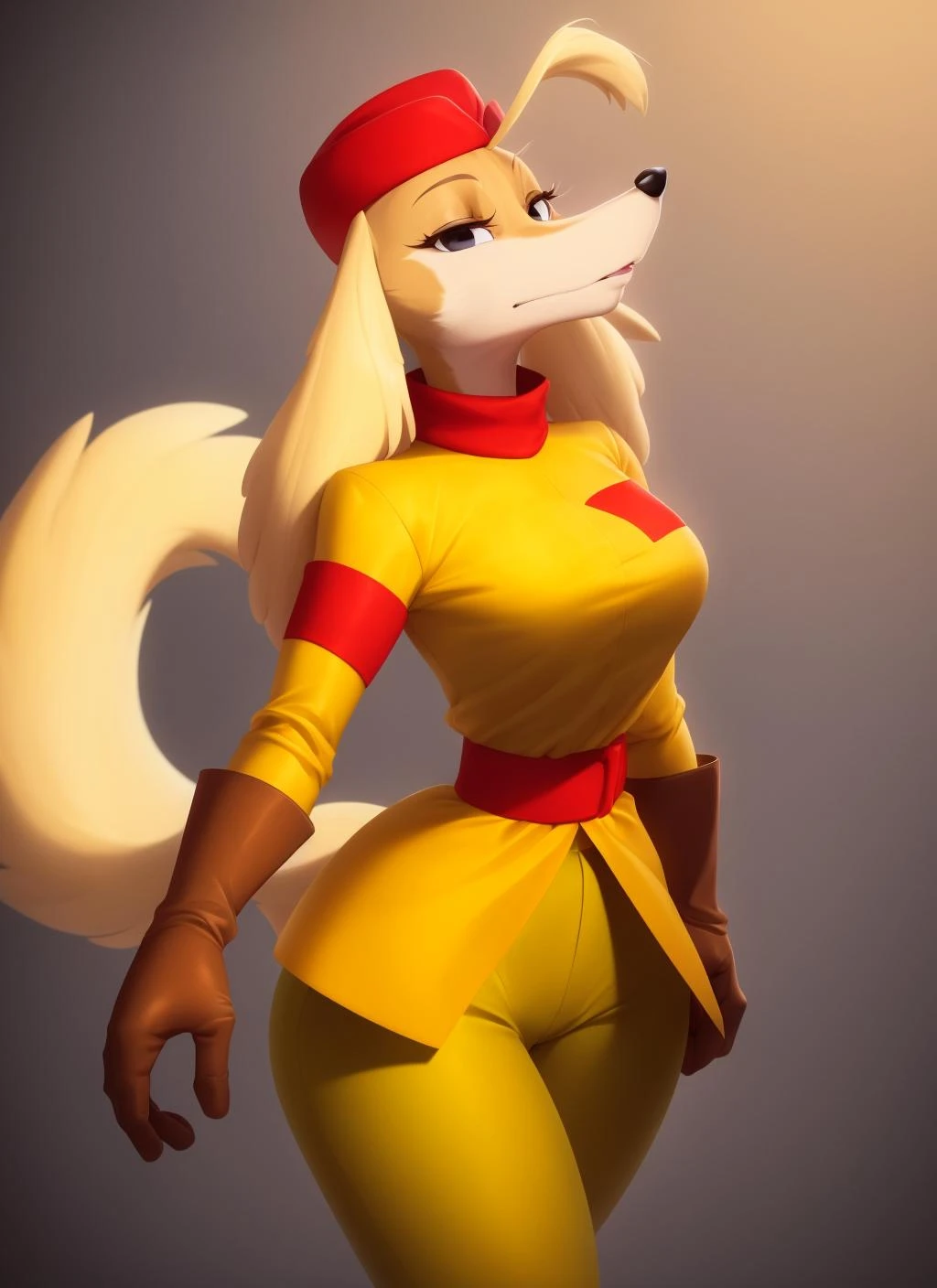 sgtofera, dog girl, furry female, anthro, portrait, uniform, red hat, yellow jacket, armband, red belt, yellow pants, brown gloves, solo, (body fur:1.2), (best quality), (detailed background:1.2), dramatic lighting, (detailed fluffy fur:1.1), looking at viewer, medium breasts, <lora:sgtofera-v1:1>