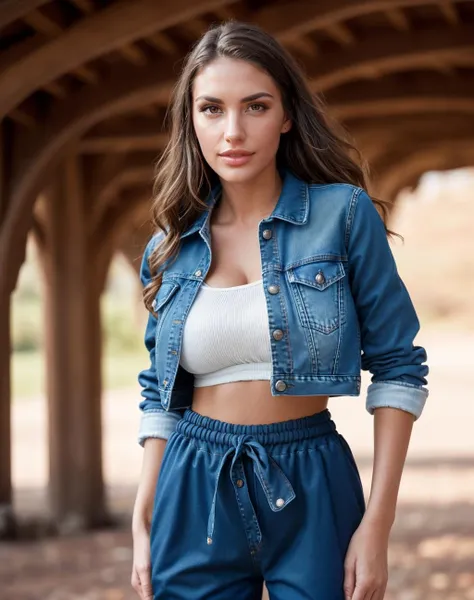 breathtaking cinematic photo (realistic, photorealistic), <lora:quiron_AugustAmes_v3_Lora:0.67> AugustAmesQuiron woman, a  happy woman (wearing  Denim jacket and (Smocked waist pants: Pants with a stretchy, smocked waistband.)), Going to bed, (realistic:1.2), look at viewer,  Dutch angle,   diffused light, ,  (high quality skin:1), (high detailed face skin:1.1), (realistic iris:1.1), (realistic pupils:1.1), (skin pores, skin imperfections), . 35mm photograph, film, bokeh, professional, 4k, highly detailed . award-winning, professional, highly detailed