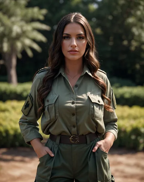 girl in military uniform,1 mulher adulta, cabelo comprido, cabelo cacheado, cabelo cor preto, pele suave, olhos castanhos, sorrir, vegetation, Occasional, Businesswoman style clothes, blaser marrom claro, realista, com fundo em um restaurante chique, 8k super realista, super detalhado e realista