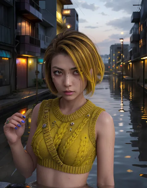 <lora:KuruwaToaru:1> kuruwatoaru, Japanese clothes. (brown and yellow hair:1.2)., Old abandoned  futuristic city. Broken, flooded. 1Female. Scared. Front shot, (wearing a torn dirty knit Bodycon Dress:1.2). Detailed expressive sad eyes. Short bob cut hair covering one eye.  Exquisite detail, Professional photo. 35mm photograph, film, bokeh, professional, dreary, photorealistic, 8k, raw, rich, intricate details, vivid dynamic colors