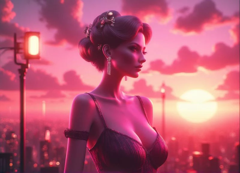 Busty female with short white hair, anime style, extremely excessively Massive Breasts, ((HUGE BREASTS)), 80's style sunset in background