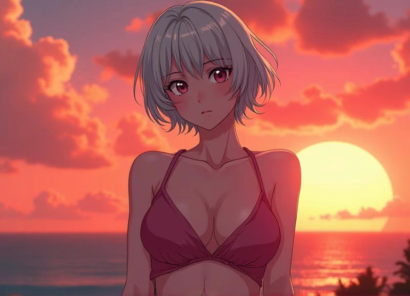 Busty female with short white hair, anime style, extremely excessively Massive Breasts, ((HUGE BREASTS)), 80's style sunset in background