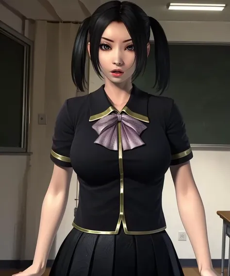 Kurusu,black hair,bangs,long twintails,black eyes,
black school uniform,short sleeves,black skirt,
standing,upper body,
classroom,
(insanely detailed, beautiful detailed face, masterpiece, best quality),solo,<lora:Kurusu-11UmeV7:0.8>,