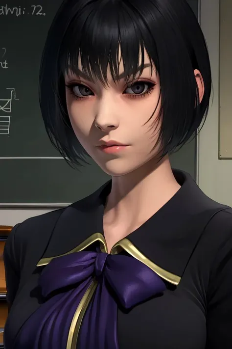 sasa,black hair,short hair,bangs,black eyes,
black school uniform,
standing.  upper body,
expressionless,
classroom,
(insanely detailed, beautiful detailed face, masterpiece, best quality),solo,<lora:SasaAyanokouji:0.8>,