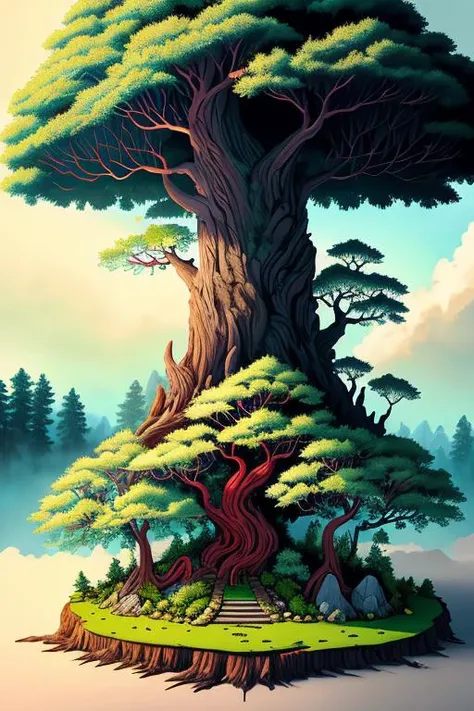 samuraistyle <lora:samuraistyle_model:0.6> ((masterpiece:1.2, concept art, highest detail, best quality)),welcoming,Red Riding Hood in front of magnificent gnarled ancient meandering tree with intertweened meandering roots,filigree branches,mighty oak,gnurly burl,wood grain,wrinkled pine bark,rust,shadow play,mystic forest background, light breeze, immaculate green foliage,dendrarium,not so arid,magic mushroom harvest,plush grass,moss,bliss,blue skies with billowing cumulus clouds,(intricate details),perfect tetradic colors,amazing epic illustration,realistic,cuteism overload, digital ink sketch painting by Wonkeyman
