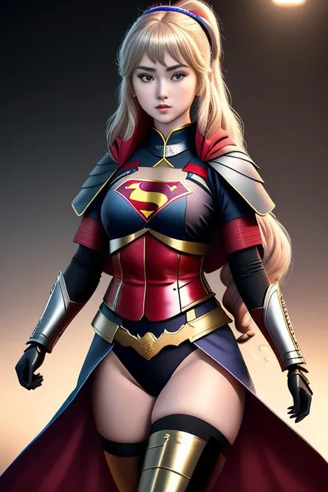 samuraistyle <lora:samuraistyle_model:0.6> Kathryn Love Newton:0.6, 1girl, solo, very long hair, black eyes, dynamic pose, masterpiece, absurdres, perfect anatomy, Superman's uniform:1.1, Moderate hips, cinematic lighting, 8k, best quality,bust body