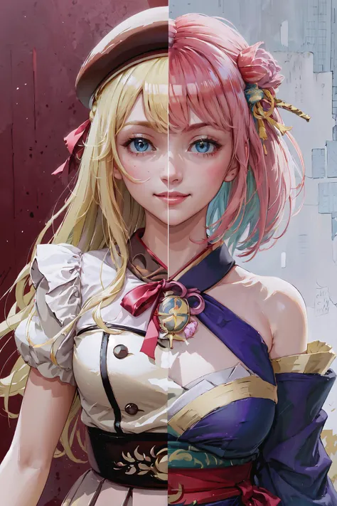 Highly detailed, High Quality, Masterpiece, beautiful, SplitScreen, close-up, split screen, <lora:Pos_SplitScreen:0.55>, smile,
, aastella, long hair, hat, beret, hair ornament, medium breasts, neck ribbon, red ribbon, <lora:suzuka_stella_v1:0.6>, brown dress, pleated dress,
, Highly detailed, High Quality, Masterpiece, beautiful, SplitScreen, close-up, split screen, <lora:Pos_SplitScreen:0.55>, smile,
, hmadoka, short hair, multicolored hair, hair ornament, hair flower, large breasts, halterneck, cleavage, bare shoulders, japanese clothes, kimono, <lora:hien_madoka_v1:0.6>