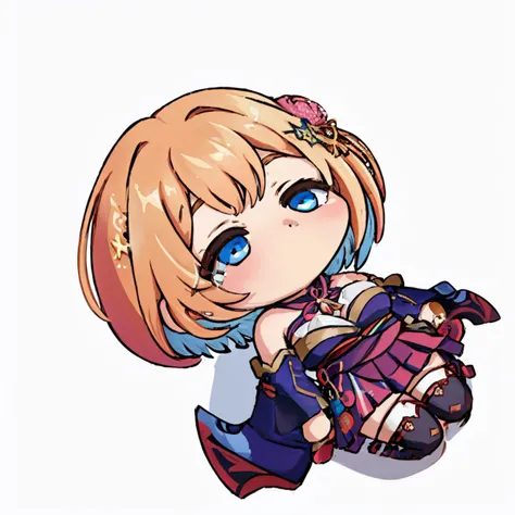(masterpiece, best quality:1.2), chibi, solo, 1girl, hmadoka, qiqifallen, on back, short hair, multicolored hair, hair ornament, hair flower, large breasts, halterneck, cleavage, bare shoulders, japanese clothes, kimono, wide sleeves, detached sleeves, obi, pleated skirt, black thighhighs <lora:hien_madoka_v1:0.7> <lora:QiqiFallen:1>