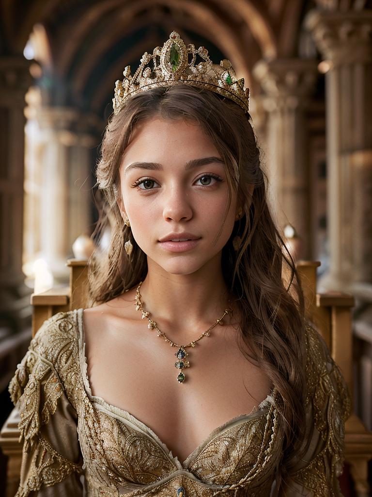 A woman in a gold dress and tiable with a necklace - SeaArt AI