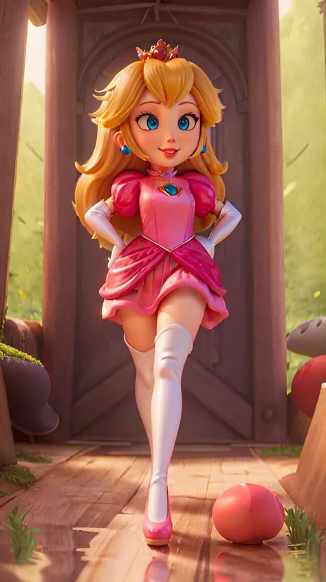 highres,masterpiece,perfect ligthing,bloom,cinematic lighting,adult,perfect skin,female,cowboy shot,smile,narrow waist,skinny,<lora:PrincessPeachMovie>,(PrincessPeach),choker,detailled eyes,blue eyes,sensual,mushrooms,mushroom kingdom,pink lips,((glossy lips)),pursed lips,pink pumps,glossy skin,oily skin,beautiful light,(day:1.3),bright,looking at viewer,pink dress,