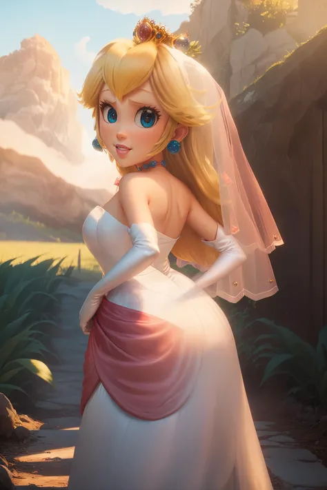 highres, masterpiece, perfect ligthing, bloom, cinematic lighting, adult, perfect skin, female, ((cowboy shot)), Butt out pose, smile, narrow waist, skinny, <lora:PrincessPeachMovie:0.6>, (PrincessPeach), (Princess Peach), (WeddingDress:1.6), (Vail:1.4), choker, detailled eyes, blue eyes, choker, sensual, Lavender field, pink lips, ((glossy lips)), pumps, glossy skin, oily skin, beautiful light, (day:1.3), bright,<lora:PrincessPeachMovie-000004:0.5>