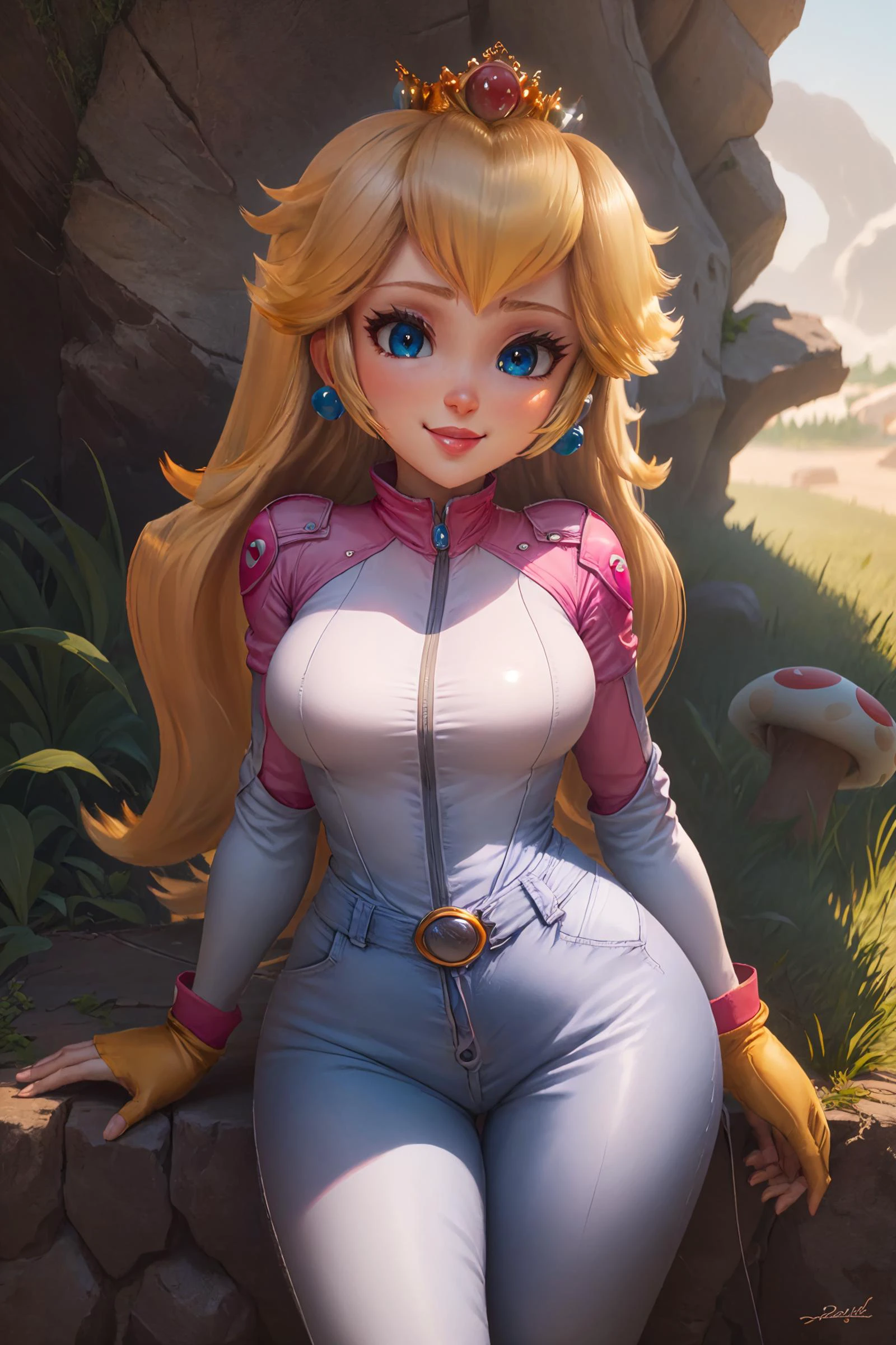 highres, masterpiece, perfect ligthing, bloom, cinematic lighting, adult, perfect skin, female, looking at viewer, portrait, cowboy shot, cleavage, smile, :), narrow waist, skinny, <lora:PrincessPeachMovie:0.6>, (PrincessPeach), (Princess Peach), (Jumpsuit:1.5), Racing suit, detailled eyes, blue eyes, sensual, grass, mushrooms,mushroom kingdom, Mario land, pink lips, ((glossy lips)), pursed lips, glossy skin, oily skin, beautiful light, (day:1.3), bright,,<lora:PrincessPeachMovie-000004:0.5>