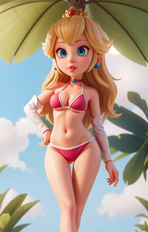 1girl, solo, long hair, breasts, looking at viewer, blush, bangs, blue eyes, blonde hair, large breasts, hair ornament, thighhighs, ribbon, navel, cleavage, bare shoulders, twintails, very long hair, closed mouth, standing, swimsuit, hair ribbon, sidelocks, bikini, thighs, cowboy shot, outdoors, frills, sky, choker, day, cloud, stomach, white thighhighs, tree, wrist cuffs, bare arms, skindentation, cameltoe, side-tie bikini bottom, ass visible through thighs, garter straps, white bikini, string bikini, palm tree