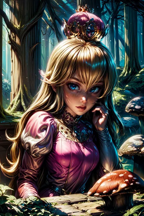 dark art, thick outlines, comics, photorealistic, perfect hands, masterpiece:1.2, mushrooms, castle, forest, day, 1 girl, <lora:PrincessPeachMovie:0.9>, adult, blond hair, pink dress, crown, small breast, detailed background, detailed face, detailed eyes, <lora:add_detail:0.8>