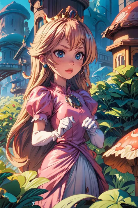 dark art, thick outlines, comics, photorealistic, perfect hands, masterpiece:1.2, giant mushrooms, kingdom, day, 1 girl, full body shot, <lora:PrincessPeachMovie:0.9>, adult, blond hair, pink dress, white gloves, crown, small breast, detailed background, detailed face, detailed eyes, <lora:add_detail:0.8>