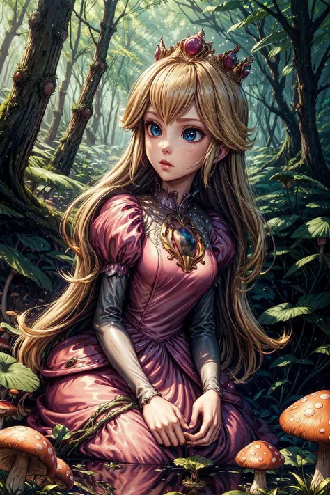 dark art, thick outlines, comics, photorealistic, perfect hands, masterpiece:1.2, mushrooms, forest, day, 1 girl, <lora:PrincessPeachMovie:0.9>, adult, blond hair, pink dress, crown, small breast, detailed background, detailed face, detailed eyes, <lora:add_detail:0.8>