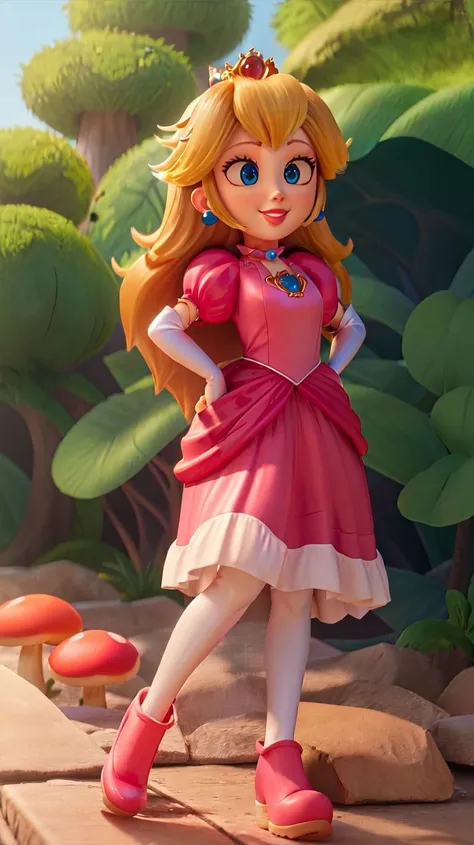 highres,masterpiece,perfect ligthing,bloom,cinematic lighting,adult,perfect skin,female,cowboy shot,smile,narrow waist,skinny,<lora:PrincessPeachMovie>,(PrincessPeach),choker,detailled eyes,blue eyes,sensual,mushrooms,mushroom kingdom,pink lips,((glossy lips)),pursed lips,pink pumps,glossy skin,oily skin,beautiful light,(day:1.3),bright,looking at viewer,pink dress,