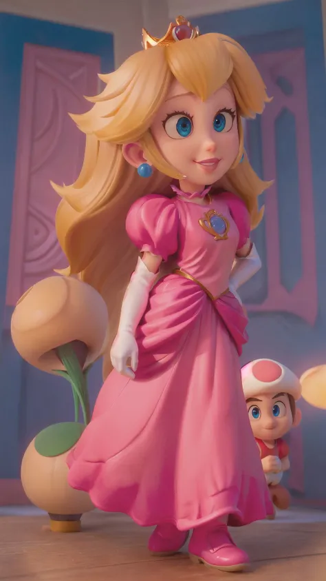 princess peach, kneeling, from above, smile, cum on face, blushing, room, foreskin, 3d