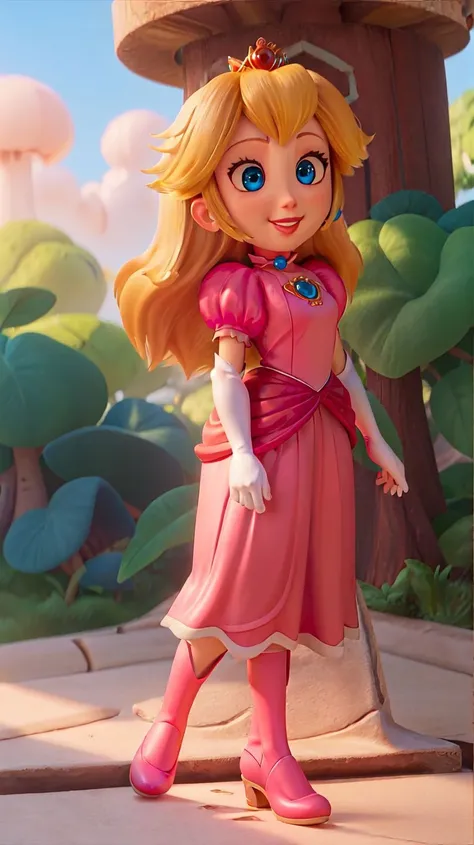 highres,masterpiece,perfect ligthing,bloom,cinematic lighting,adult,perfect skin,female,cowboy shot,smile,narrow waist,skinny,<lora:PrincessPeachMovie>,(PrincessPeach),choker,detailled eyes,blue eyes,sensual,mushrooms,mushroom kingdom,pink lips,((glossy lips)),pursed lips,pink pumps,glossy skin,oily skin,beautiful light,(day:1.3),bright,looking at viewer,pink dress,