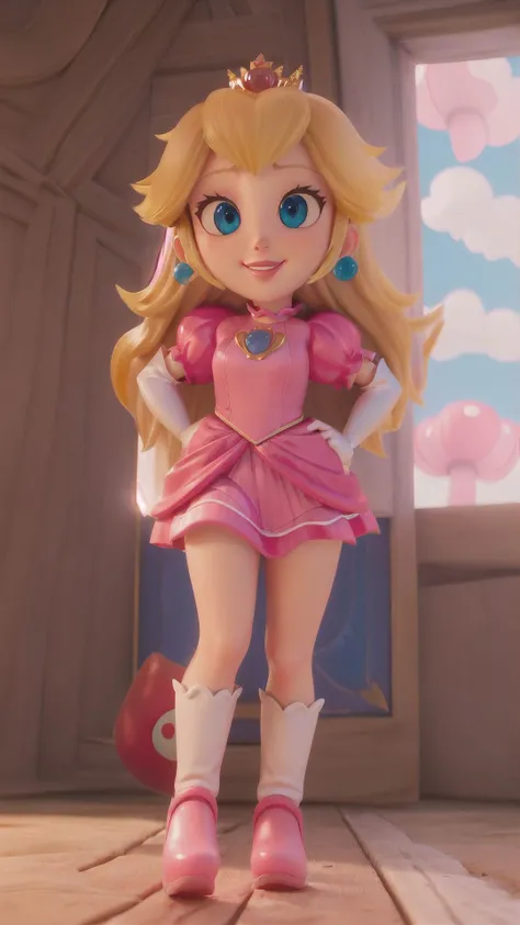 highres,masterpiece,perfect ligthing,bloom,cinematic lighting,adult,perfect skin,female,cowboy shot,smile,narrow waist,skinny,<lora:PrincessPeachMovie>,(PrincessPeach),choker,detailled eyes,blue eyes,sensual,mushrooms,mushroom kingdom,pink lips,((glossy lips)),pursed lips,pink pumps,glossy skin,oily skin,beautiful light,(day:1.3),bright,looking at viewer,<lora:3DMM_V11:0.4>,pink dress,