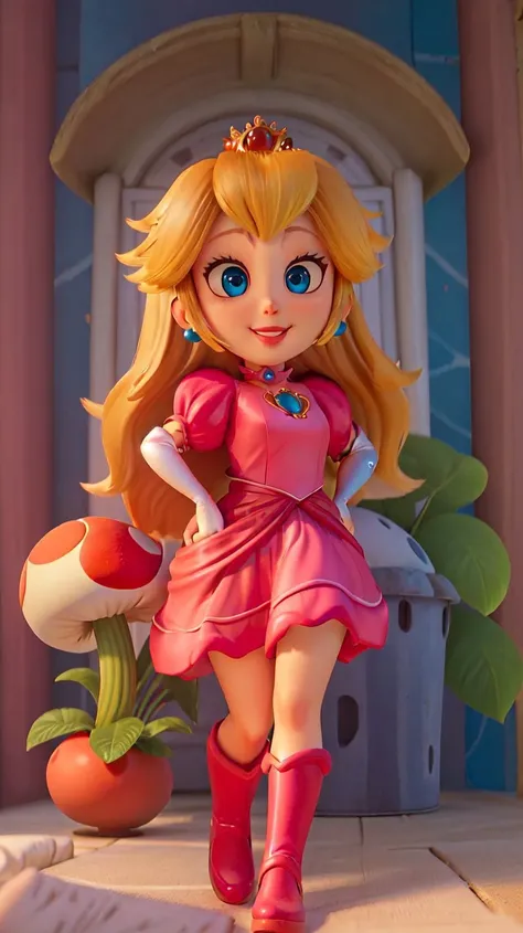 highres,masterpiece,perfect ligthing,bloom,cinematic lighting,adult,perfect skin,female,cowboy shot,smile,narrow waist,skinny,<lora:PrincessPeachMovie>,(PrincessPeach),choker,detailled eyes,blue eyes,sensual,mushrooms,mushroom kingdom,pink lips,((glossy lips)),pursed lips,pink pumps,glossy skin,oily skin,beautiful light,(day:1.3),bright,looking at viewer,pink dress,