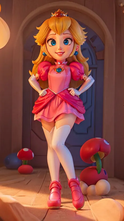 highres,masterpiece,perfect ligthing,bloom,cinematic lighting,adult,perfect skin,female,cowboy shot,smile,narrow waist,skinny,<lora:PrincessPeachMovie>,(PrincessPeach),choker,detailled eyes,blue eyes,sensual,mushrooms,mushroom kingdom,pink lips,((glossy lips)),pursed lips,pink pumps,glossy skin,oily skin,beautiful light,(day:1.3),bright,looking at viewer,pink dress,