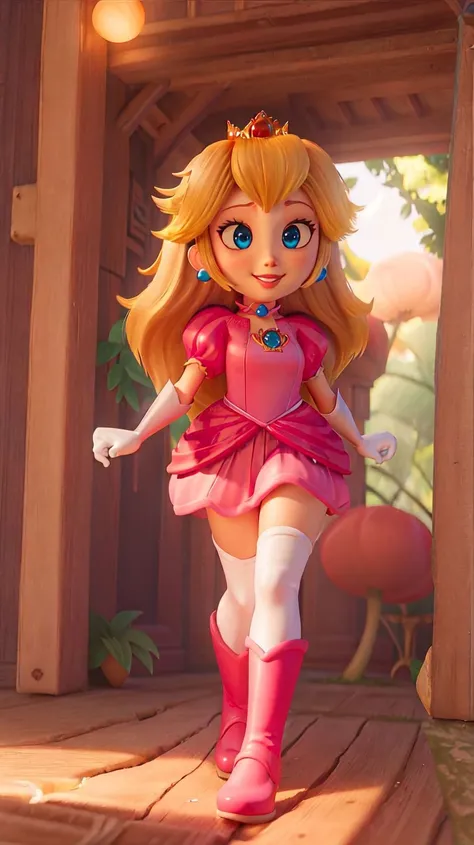 highres,masterpiece,perfect ligthing,bloom,cinematic lighting,adult,perfect skin,female,cowboy shot,smile,narrow waist,skinny,<lora:PrincessPeachMovie>,(PrincessPeach),choker,detailled eyes,blue eyes,sensual,mushrooms,mushroom kingdom,pink lips,((glossy lips)),pursed lips,pink pumps,glossy skin,oily skin,beautiful light,(day:1.3),bright,looking at viewer,pink dress,
