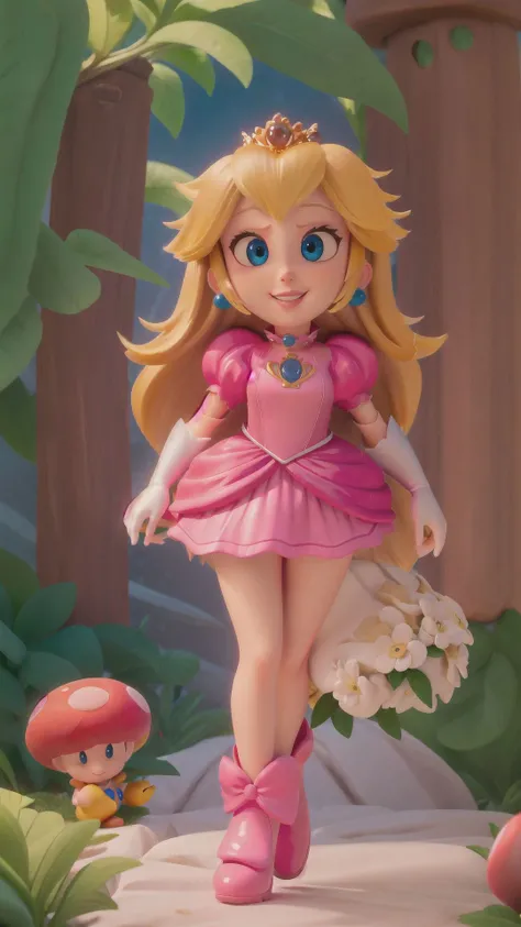 highres,masterpiece,perfect ligthing,bloom,cinematic lighting,adult,perfect skin,female,cowboy shot,smile,narrow waist,skinny,<lora:PrincessPeachMovie>,(PrincessPeach),choker,detailled eyes,blue eyes,sensual,mushrooms,mushroom kingdom,pink lips,((glossy lips)),pursed lips,pink pumps,glossy skin,oily skin,beautiful light,(day:1.3),bright,looking at viewer,<lora:3DMM_V11:0.4>,pink dress,