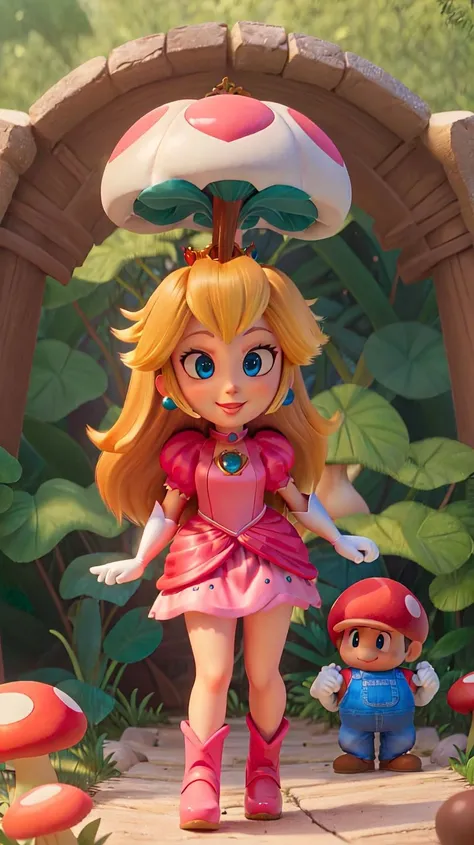 highres,masterpiece,perfect ligthing,bloom,cinematic lighting,adult,perfect skin,female,cowboy shot,smile,narrow waist,skinny,<lora:PrincessPeachMovie>,(PrincessPeach),choker,detailled eyes,blue eyes,sensual,mushrooms,mushroom kingdom,pink lips,((glossy lips)),pursed lips,pink pumps,glossy skin,oily skin,beautiful light,(day:1.3),bright,looking at viewer,pink dress,