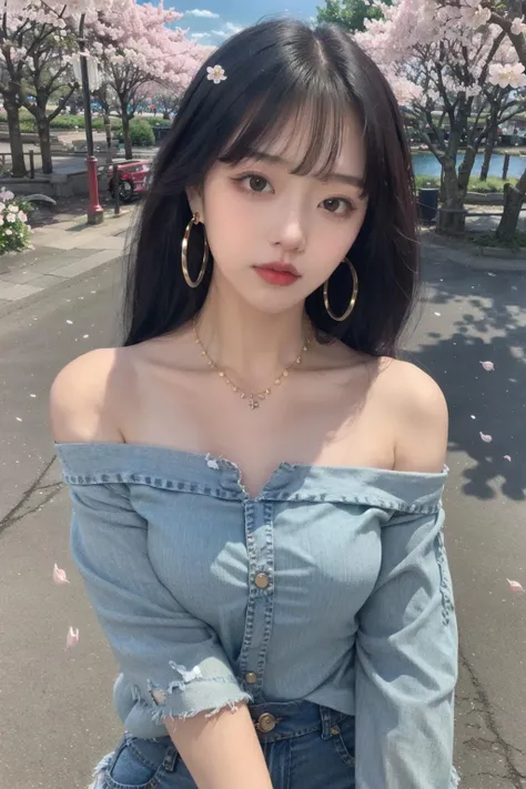 <lora:doll5:0.6>1girl,upper_body, Off-shoulder blouse, Distressed boyfriend jeans, Ballet flats, Layered necklaces, and hoop earrings., Tranquil lake surrounded by blooming cherry blossoms