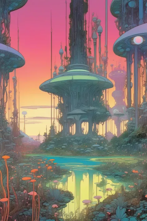 <lora:Ralph Bakshi Style:1>Ralph Bakshi Style - A vast utopian fantasy garden full of growing bioluminescent plants and tech structures with a warm and bright glow. Some white highlights throughout and bright negative space. very colourful and saturated. In the style of jean giraud moebius, Chris Riddell. Distinct high contrast linework and flat colour. 16k UHD