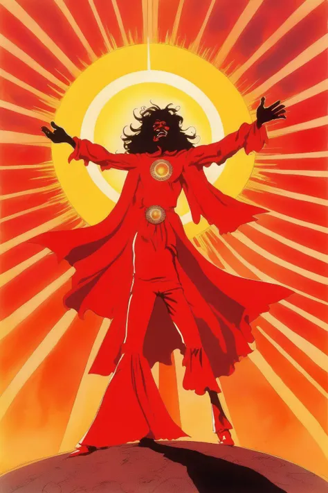 <lora:Ralph Bakshi Style:1>Ralph Bakshi Style - red wizard disco dancing in front of the sun in the style of ralph bakshi