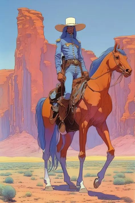 <lora:Ralph Bakshi Style:1>Ralph Bakshi Style - Lieutenant Bluberry, standing on his beautiful horse, arizona landscape, Jean Giraud Moebius cartoonist style