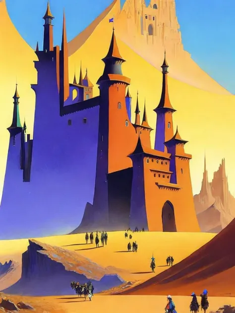 <lora:RalphBakshi:1>a painting of a castle in the middle of a desert with people walking around it by Ralph Bakshi
